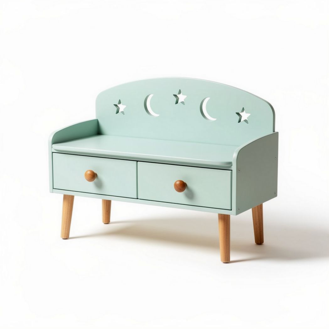 Panchina in legno verde con cassetti e decorazioni a stelle e luna 80 x 40 x 50cm