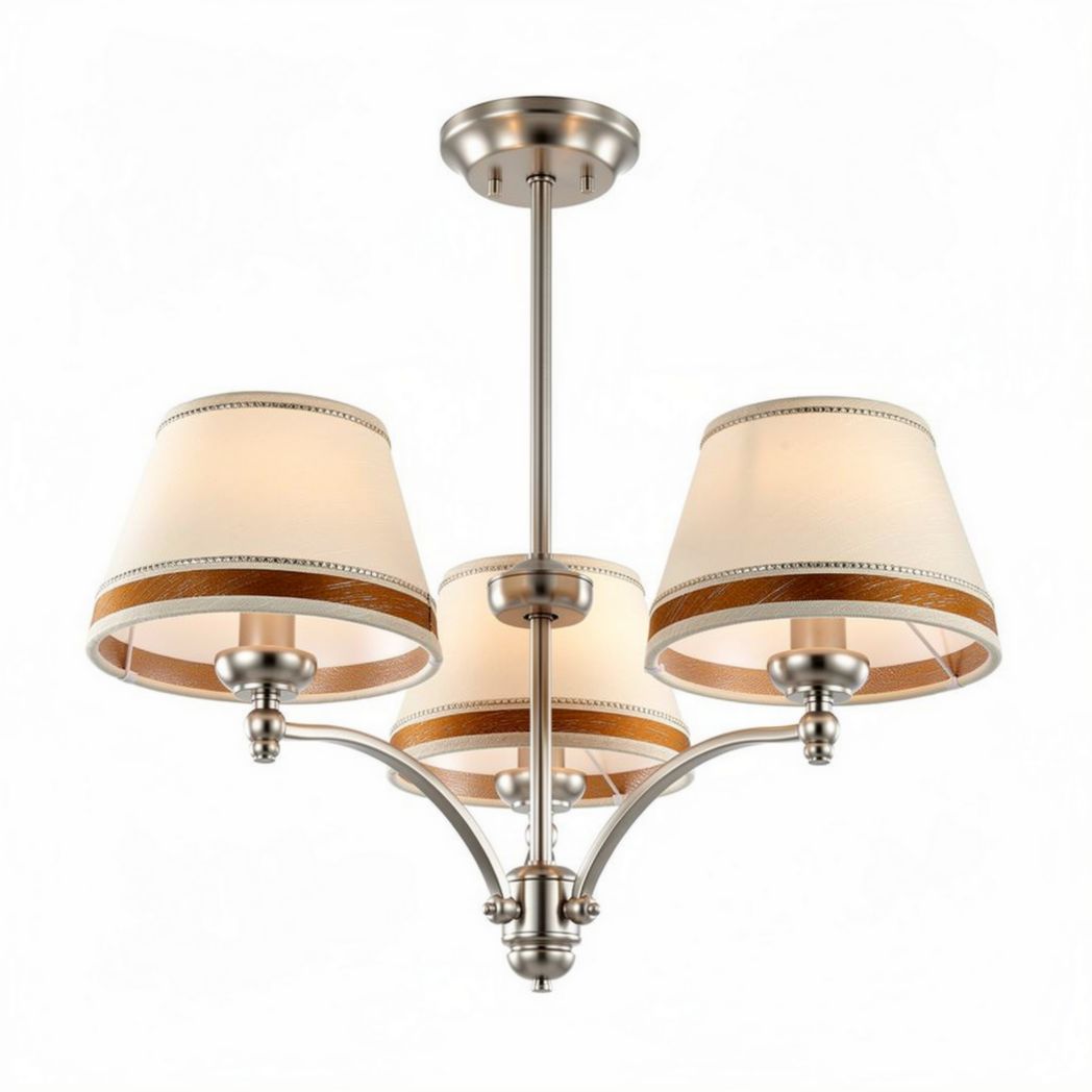 Lampadario a sospensione con paralumi in tessuto e struttura in metallo cromato dimensioni 30 x 50 x 50cm