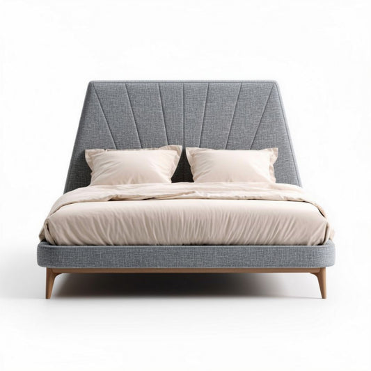 Letto matrimoniale moderno in tessuto grigio con testiera inclinata 200 x 160 x 100cm