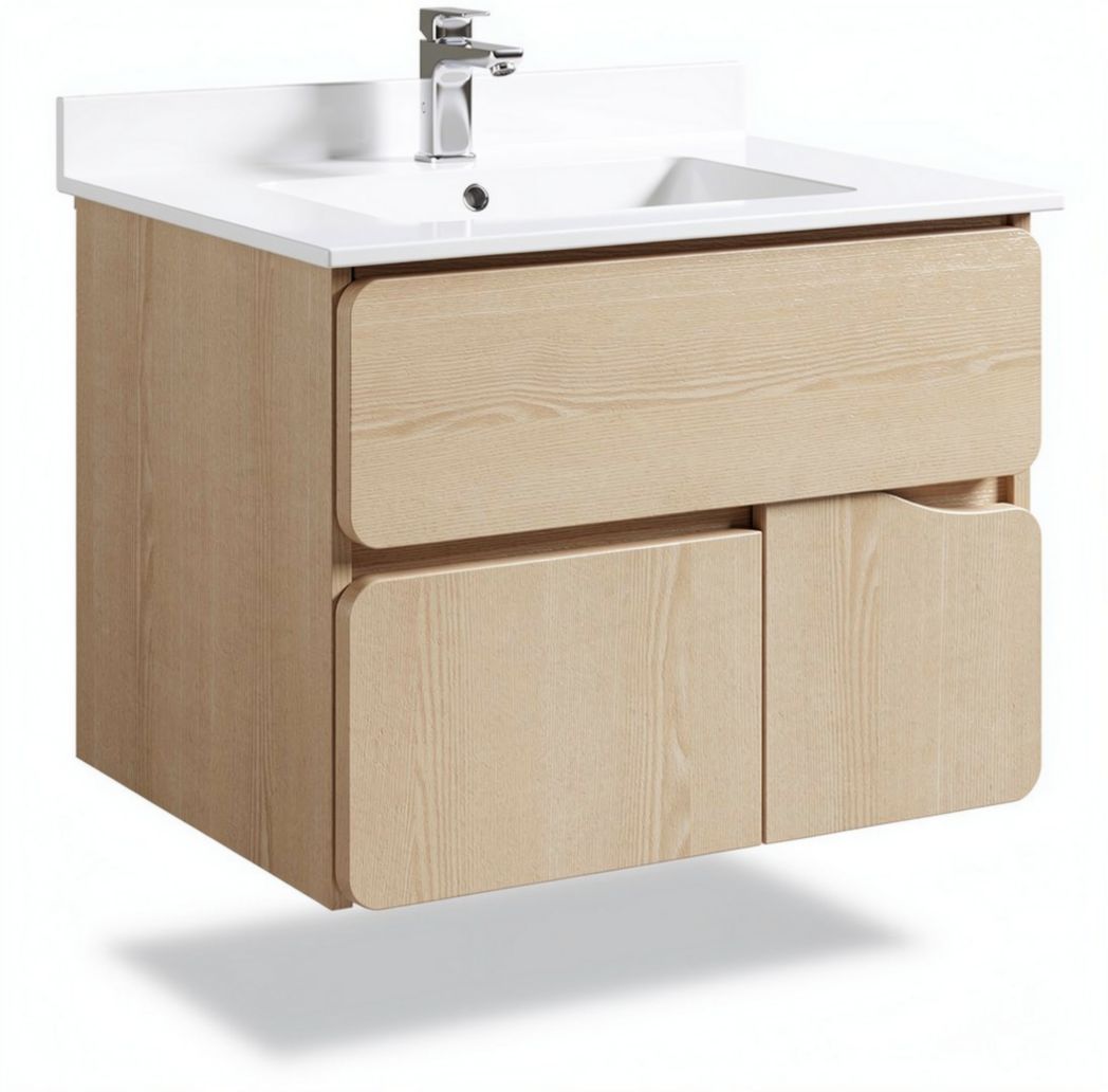 Mobile bagno sospeso in legno beige con lavabo e dimensioni 80 x 50 x 45cm