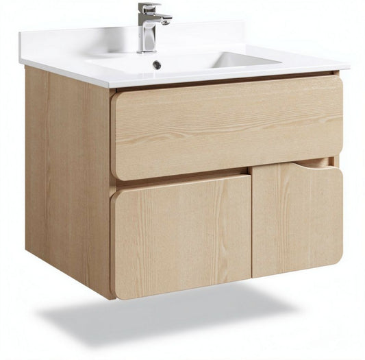 Mobile bagno sospeso in legno beige con lavabo e dimensioni 80 x 50 x 45cm