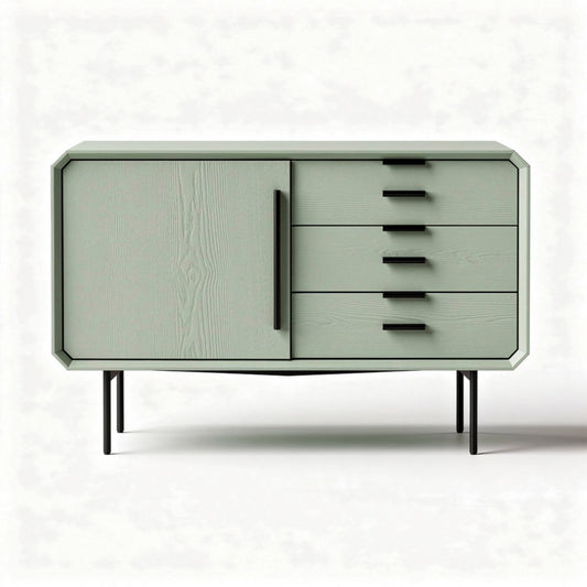 Madia in legno verde chiaro con maniglie nere e piedini in metallo 80 x 40 x 75cm